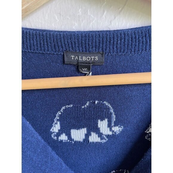 Talbots XS Elephant Allover Knit Short Sleeve Top Navy Blue White Cotton Blend - Picture 8 of 8